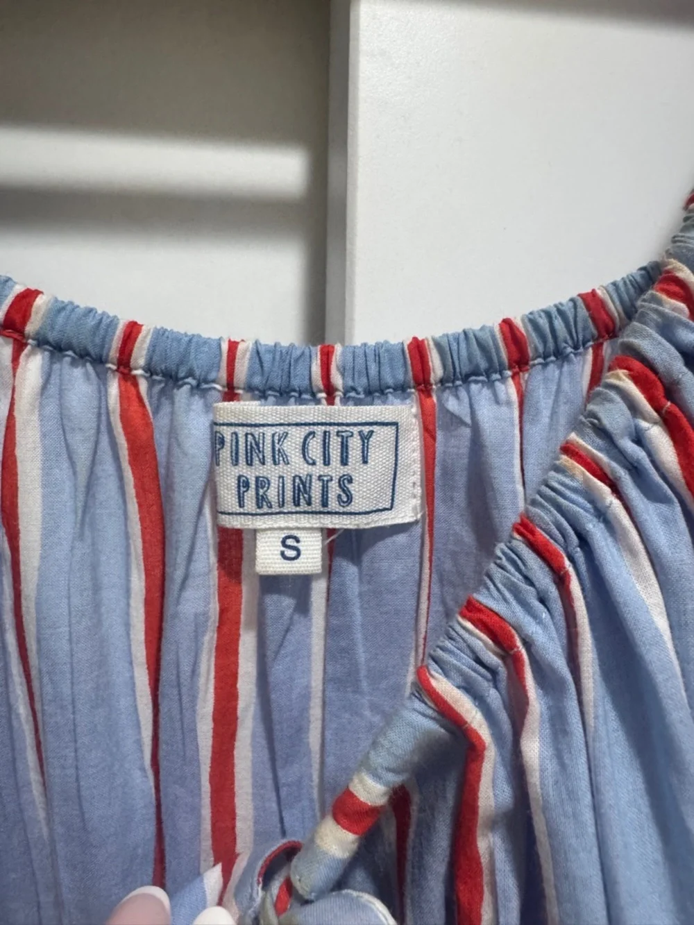Blue and Red Striped Puff-Sleeve Midi Dress - Picture 3 of 4